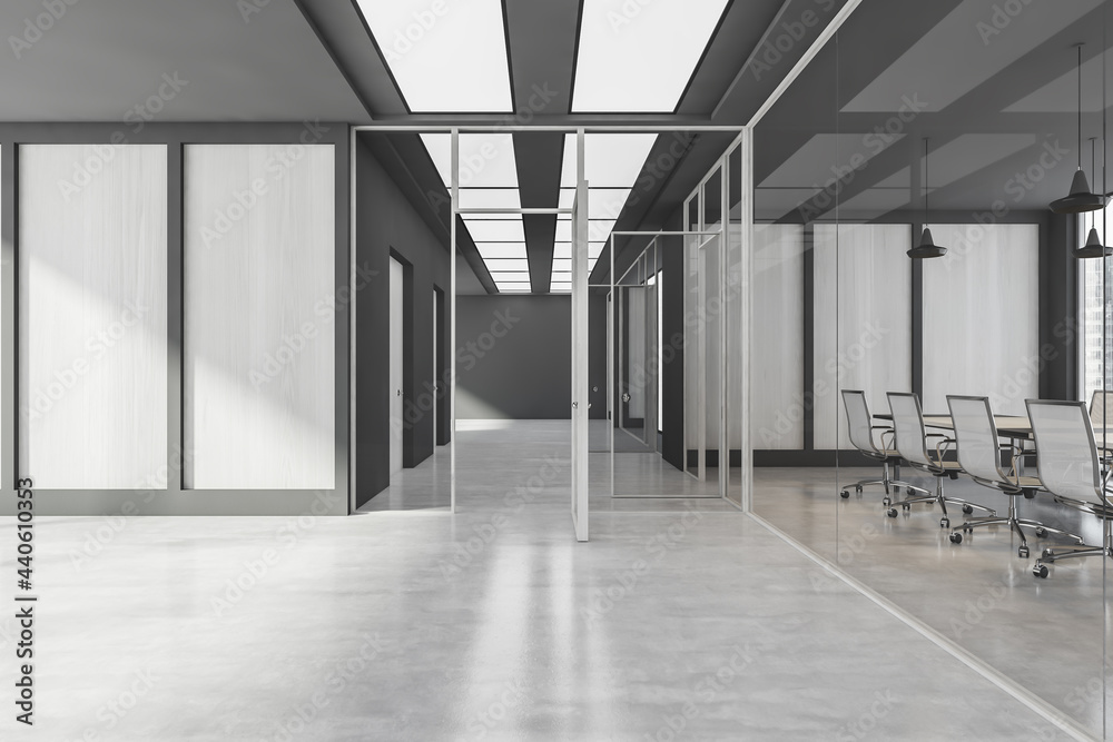 Light grey business hall interior with rooms and furniture Light grey business hall interior with rooms and furniture