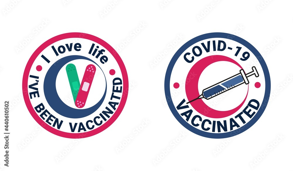 Coronavirus vaccination concept with syringe and medical patch. I've been vaccinated badge, sticker, label design. Covid-19 vaccine injection flat style vector illustration with medical patch. Coronavirus vaccination concept with syringe and medical patch. I've been vaccinated badge, sticker, label design. Covid-19 vaccine injection flat style vector illustration with medical patch.