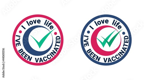 Coronavirus vaccination concept with check mark. Vaccinated sticker label card badge design. Covid-19 vaccine injection concept. Flat style vector illustration.