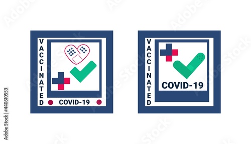 Coronavirus vaccination design template for card, poster, badge, label, sticker etc. Covid-19 vaccine injection flat style vector illustration. Colorful vaccination concept with medical patch.