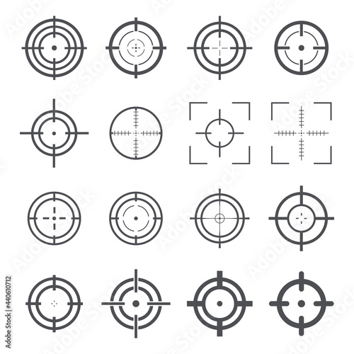 Target destination icon large set. Focus cursor bull eye mark collection. Aim sniper shoot big group. Vector isolated on white