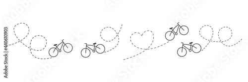 Bike mileage set. Bicycle and route group. Travel destination symbol. Vector isolated on white