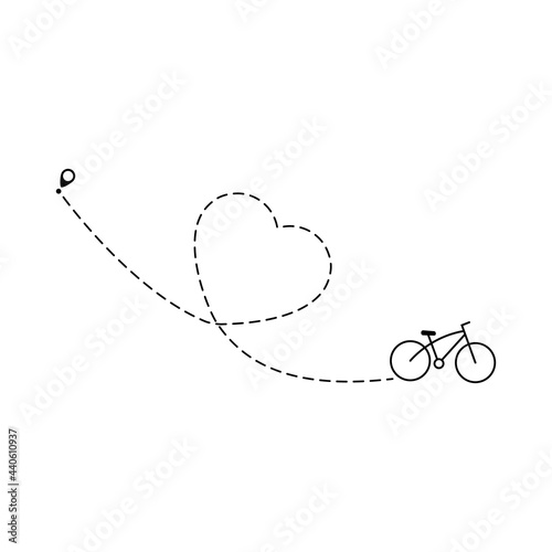 Bike mileage in heart shape. Bicycle and route love sign. Travel destination symbol. Vector isolated on white