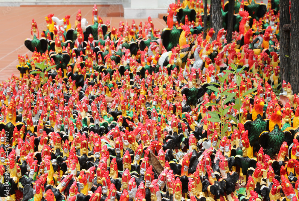 Many rooster statues in King Naresuan the great shrine, Phitsanulok
