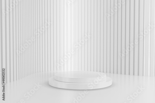 White round pedestal empty on minimal white background. 3D rendering podium for product demonstration.