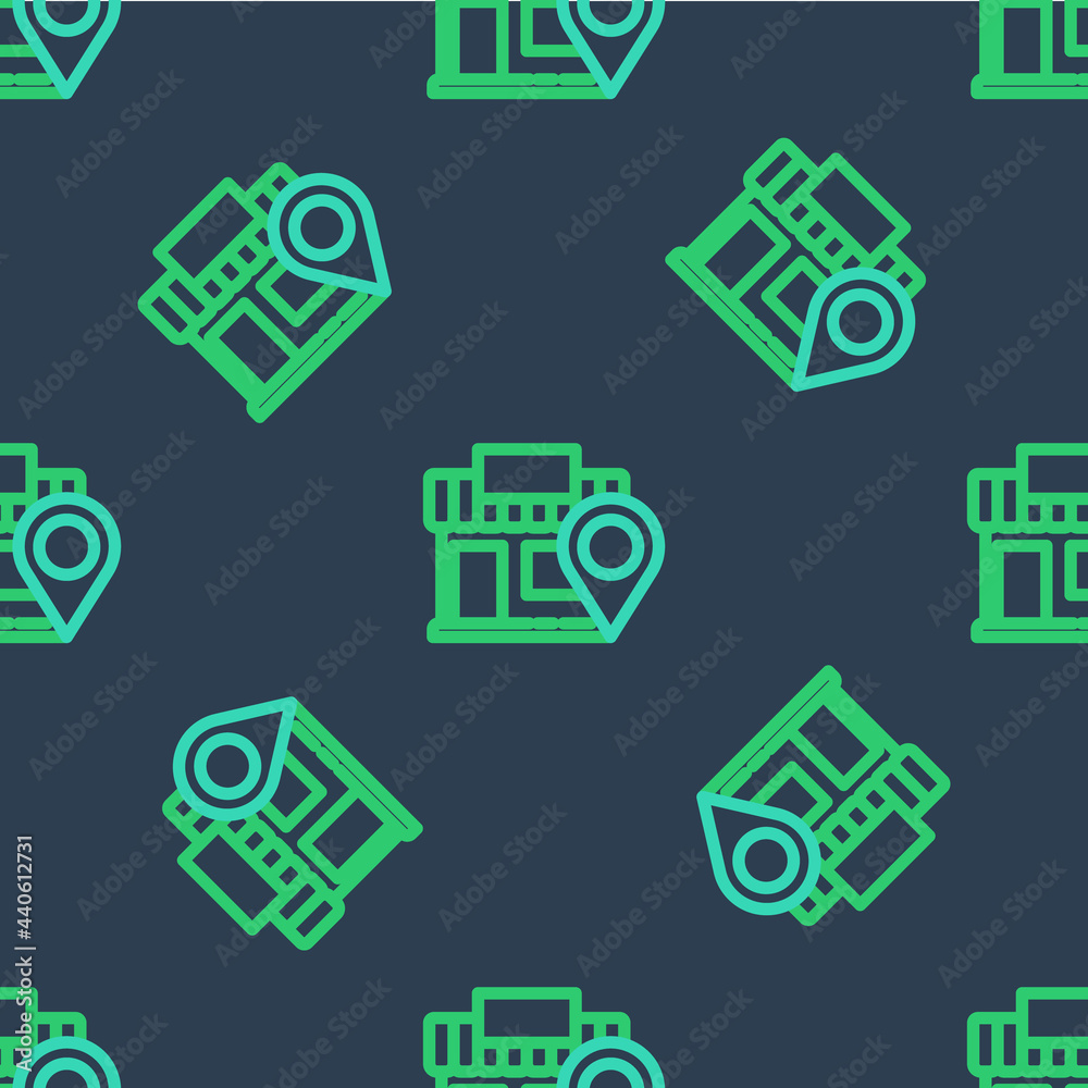 Line Location with store icon isolated seamless pattern on blue background. Vector Line Location with store icon isolated seamless pattern on blue background. Vector