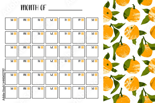 Eternal Monthly Planner. Mandarin, tangerine, orange, citrus fruit. Perfect for schedule, organizer, calendar for study, school or work, printable 
