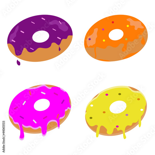 Donut isolated on a white background. Different type of donuts. Cute, colorful and glossy donut set vector illustration
