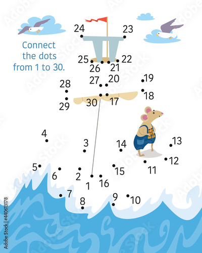 Ship with mouse captain. Activity page for kids. Educational game. Connect dots from 1 to 30. Vector illustration.