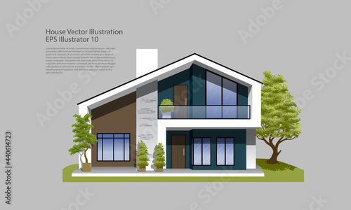 Vector Illustration of Property. Cozy family residence, house with garage, balcony and trees.
