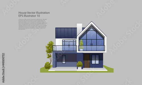 Vector Illustration of Modern House.. Cozy family residence, house with garage, balcony and trees.