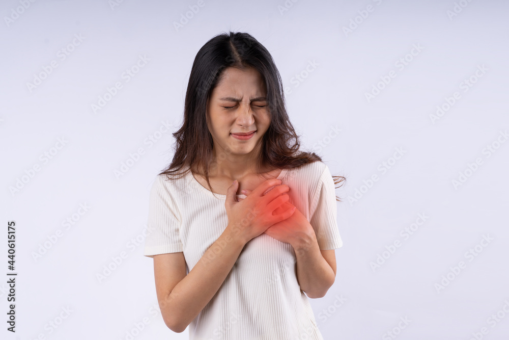 portrait of asian woman having heart attack, isolated on white background portrait of asian woman having heart attack, isolated on white background