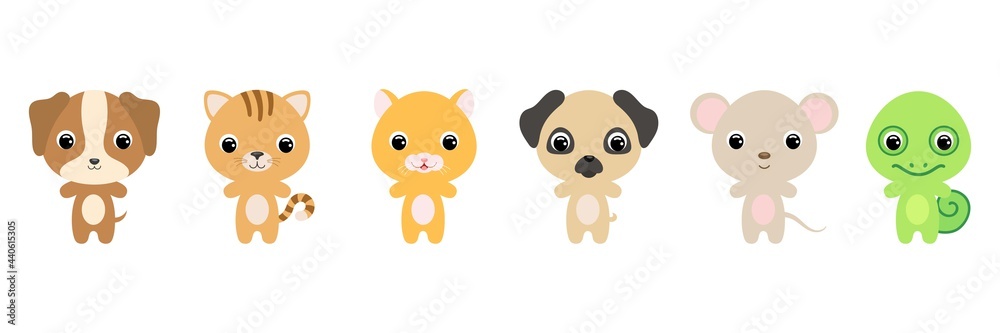 Cute baby animals in cartoon style. Collection animals characters for kids cards, baby shower, birthday invitation, house interior. Bright colored childish vector illustration. Cute baby animals in cartoon style. Collection animals characters for kids cards, baby shower, birthday invitation, house interior. Bright colored childish vector illustration.