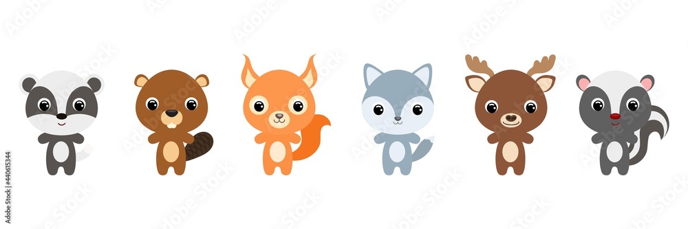 Cute woodland baby animals in cartoon style. Collection animals characters for kids cards, baby shower, birthday invitation, house interior. Bright colored childish vector illustration. Cute woodland baby animals in cartoon style. Collection animals characters for kids cards, baby shower, birthday invitation, house interior. Bright colored childish vector illustration.