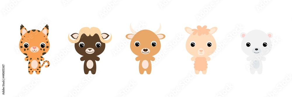 Cute baby animals in cartoon style. Collection animals characters for kids cards, baby shower, birthday invitation, house interior. Bright colored childish vector illustration. Cute baby animals in cartoon style. Collection animals characters for kids cards, baby shower, birthday invitation, house interior. Bright colored childish vector illustration.