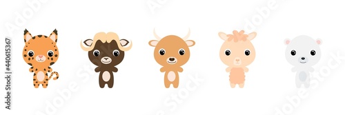 Cute baby animals in cartoon style. Collection animals characters for kids cards, baby shower, birthday invitation, house interior. Bright colored childish vector illustration.