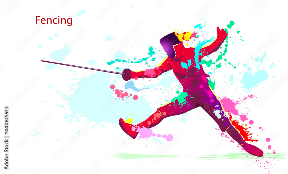 Fencer colorful bright silhouette. Fencer with a saber. Silhouette of an athlete. Grunge style. Fencing is a sport. Various multicolored splashes and blots Fencer colorful bright silhouette. Fencer with a saber. Silhouette of an athlete. Grunge style. Fencing is a sport. Various multicolored splashes and blots