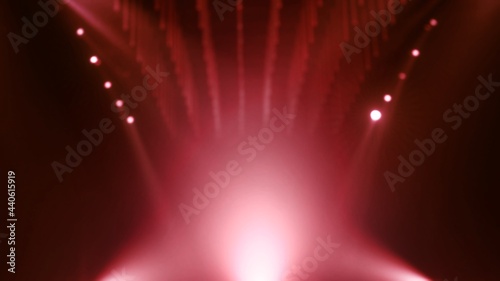 Red defocused mockup stage for product display presentation spotlight and marketing award advertising. Concept 3D Illustration background with illuminated floodlight lamps and atmospheric club haze.