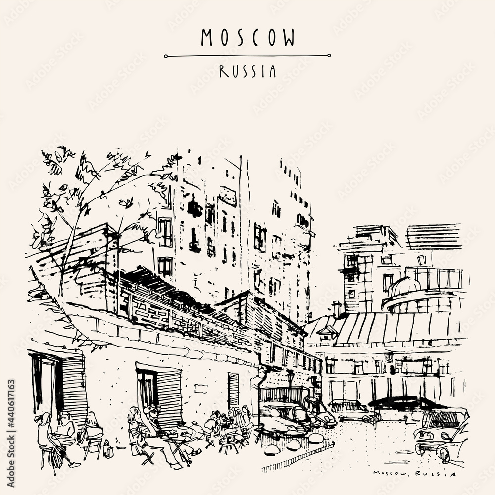 Vector Moscow city postcard. A cozy cafe with people sitting on summer terrace in Moscow, Russia. Artistic travel sketch. Vintage hand drawn touristic art postcard, poster, brochure illustration
