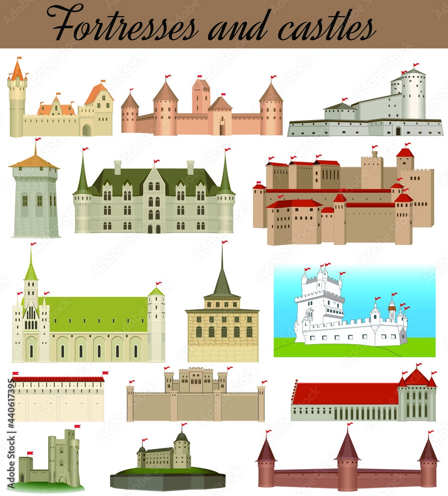 Set of architectural illustration of fortresses and castles