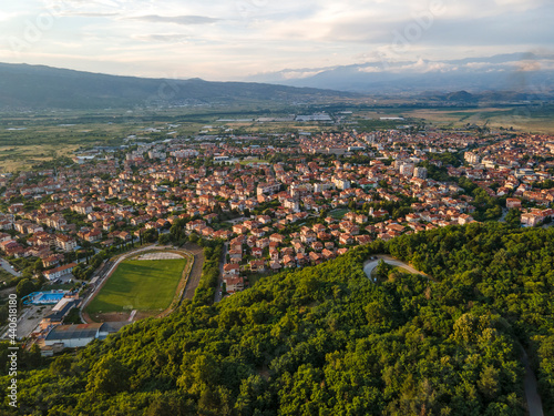 Aerial Sunset view of town of Petrich, Blagoevgrad region, Bulgaria