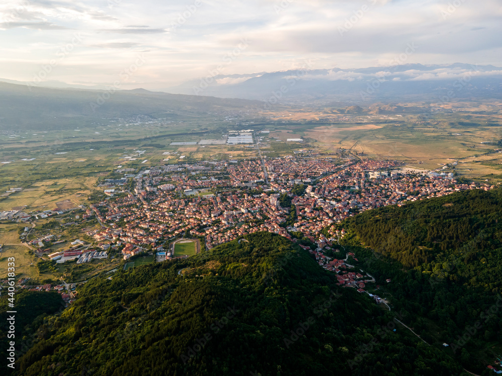 Aerial Sunset view of town of Petrich, Blagoevgrad region, Bulgaria