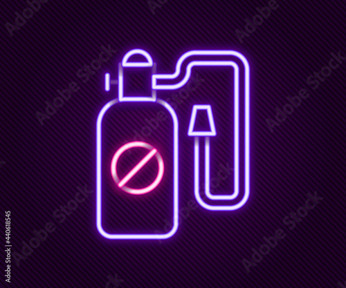 Glowing neon line Pressure sprayer for extermination of insects icon isolated on black background. Pest control service. Disinfectant sprayer. Colorful outline concept. Vector