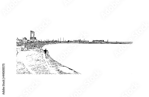 Building view with landmark of Gdynia is a port city on the Baltic coast of Poland. Hand drawn sketch illustration in vector.