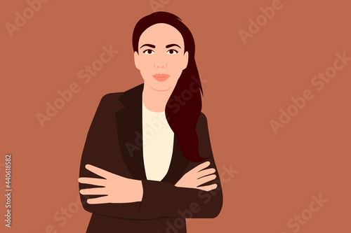 Portrait of a young business woman in a jacket on a brown background. Flat design. Vector illustration