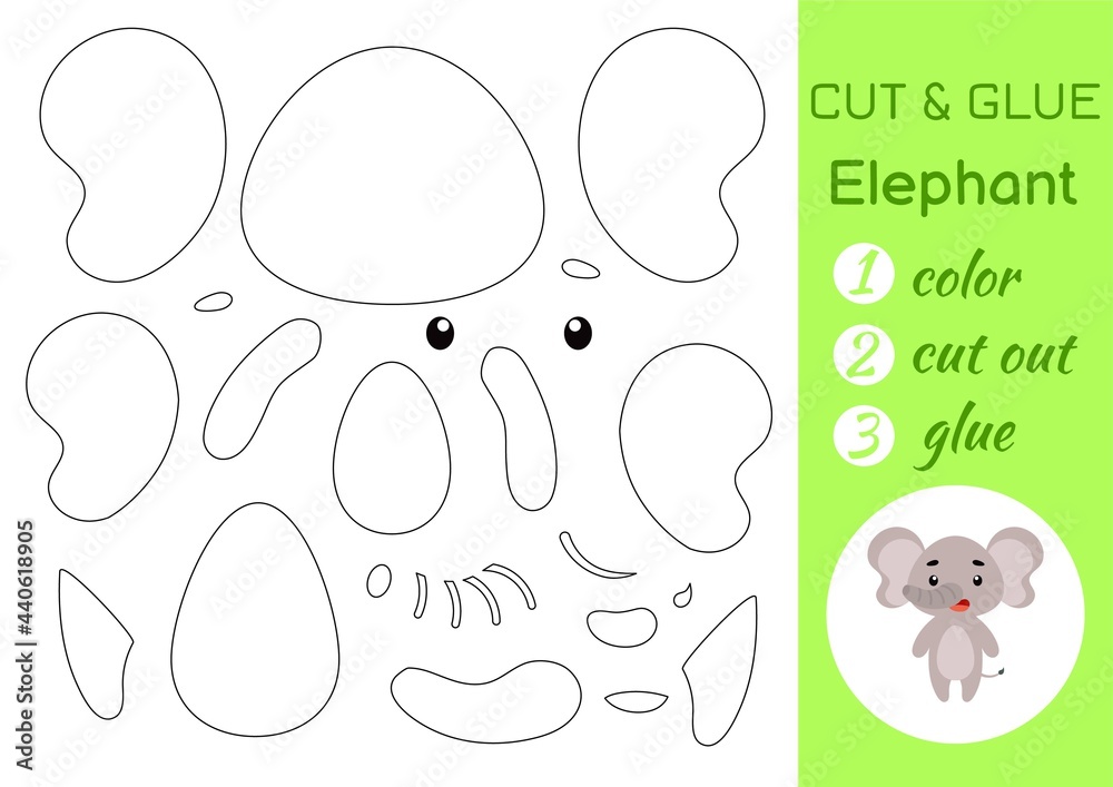 Color, cut and glue paper little elephant. Cut and paste crafts activity page. Educational game for preschool children. DIY worksheet. Kids logic game, puzzle. Vector stock illustration.