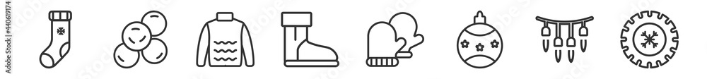 Obraz premium outline set of winter line icons. linear vector icons such as christmas sock, snow ball, turtleneck sweater, snow boot, mittens, winter tire. vector illustration.