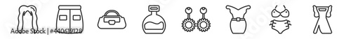 outline set of woman clothing line icons. linear vector icons such as female long hair, skirt black short, fashionable hand bag, circular perfume bottle, round earrings, lace dress with belt. vector