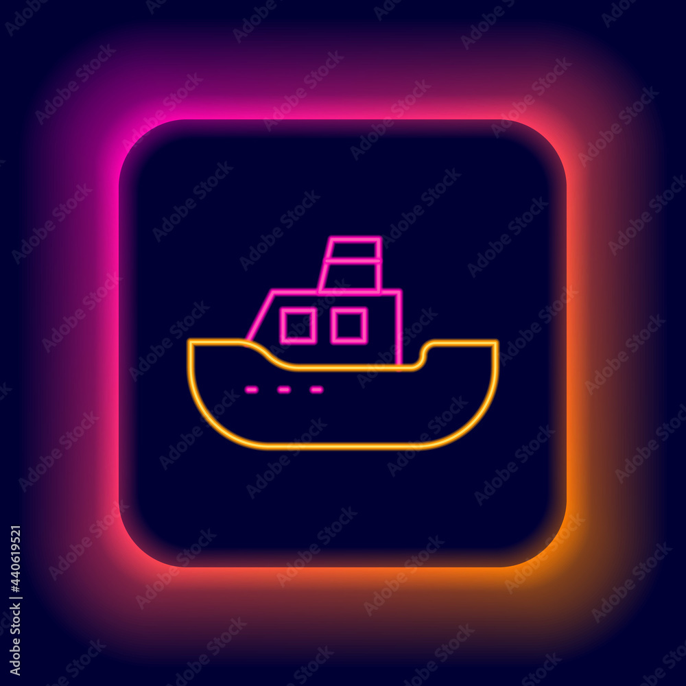 Glowing neon line Toy boat icon isolated on black background. Colorful outline concept. Vector Glowing neon line Toy boat icon isolated on black background. Colorful outline concept. Vector