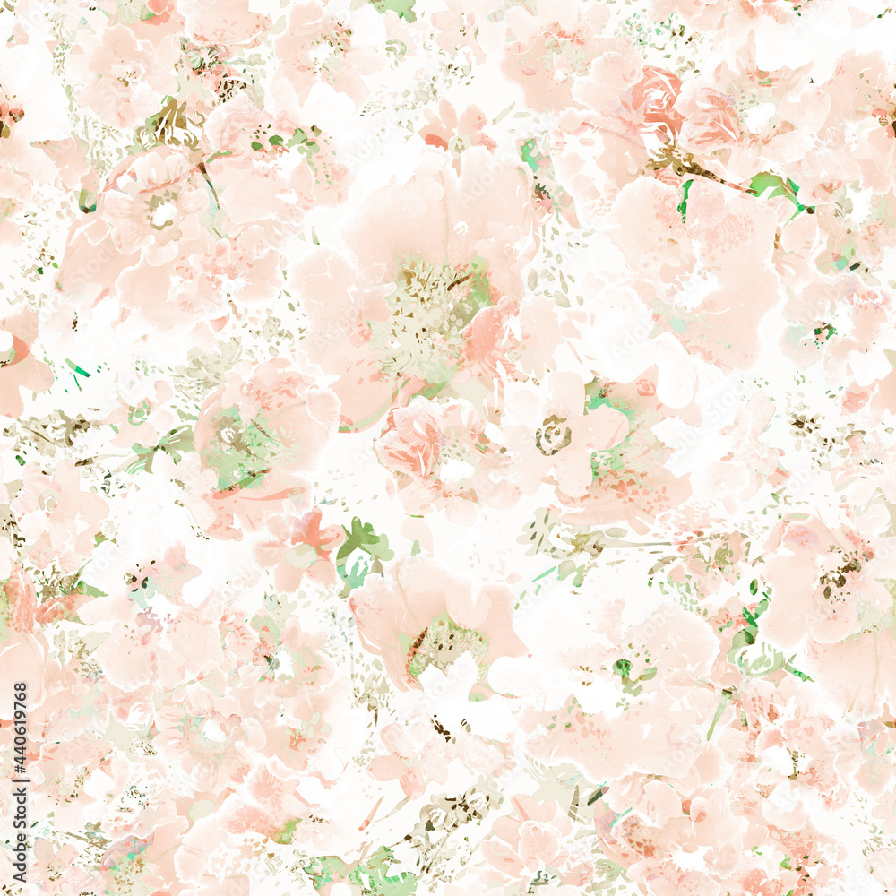 Seamless floral pattern wild flowers drawn by paints 