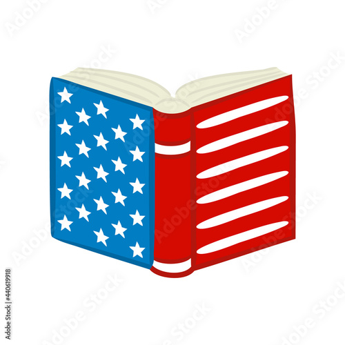 Book by July 4th in national colors of United States of America. Encyclopedia for USA Independence or Election Day. Hand drawn Vector illustration for a festive decoration in doodle style.