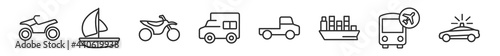 outline set of transportation line icons. linear vector icons such as quad, catamaran, motorbike, camper car, pickup truck, patrol car. vector illustration.