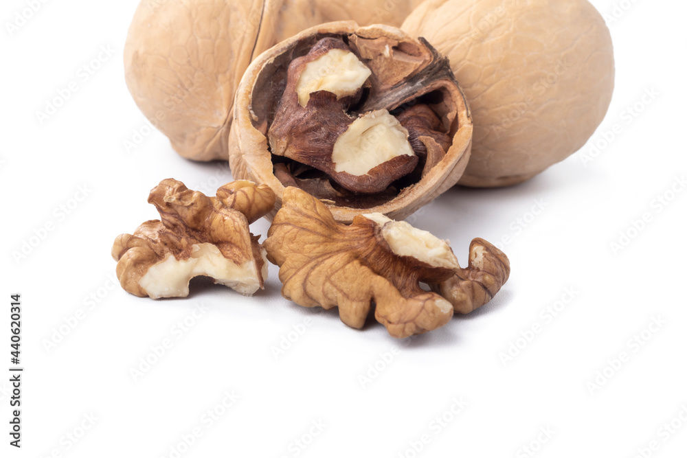 Studio lighting. White background. walnut in shell. Close-up. Studio lighting. White background. walnut in shell. Close-up.