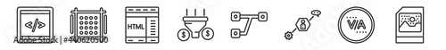 outline set of technology line icons. linear vector icons such as front end, pixels per inch, semantic elements, sales funnel, version control, raster images. vector illustration.