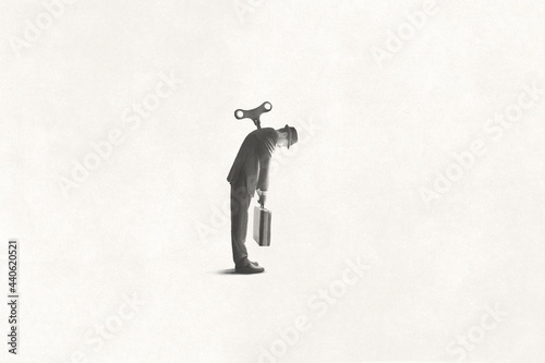 illustration of powerless robotic man with windup key on his back, surreal concept photo