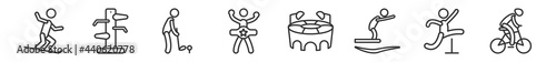 outline set of sports line icons. linear vector icons such as stick figure on snowboard, wing chun, golf player hitting, boxer with belt, estadio, man riding bike. vector illustration.