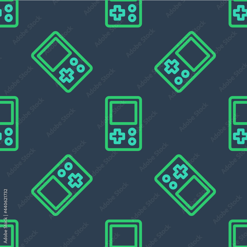 Line Portable tetris electronic game icon isolated seamless pattern on blue background. Vintage style pocket brick game. Interactive playing device. Vector Line Portable tetris electronic game icon isolated seamless pattern on blue background. Vintage style pocket brick game. Interactive playing device. Vector