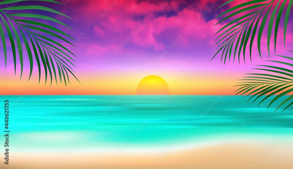 Seascape sunset. Horizon. Sun dawn and sea water. Vacation sunrise background. Relaxing tropical beaches. Summer ocean abstract Vector illustration.