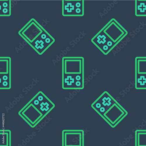 Line Portable tetris electronic game icon isolated seamless pattern on blue background. Vintage style pocket brick game. Interactive playing device. Vector