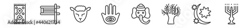 outline set of religion line icons. linear vector icons such as praying mat, gragger, lamb of god, hamsa hand, ganesha, jewish candles. vector illustration.