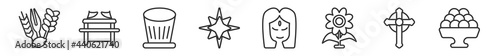 outline set of religion line icons. linear vector icons such as four species, ark of the convenant, tablas, holy star, bindi, laddu. vector illustration.