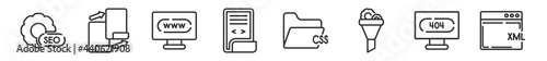 outline set of programming line icons. linear vector icons such as seo, duplicate, www, page, css file format, xml. vector illustration.