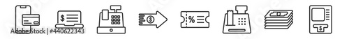 outline set of payment line icons. linear vector icons such as mobile card, online banking, cash register, transfer money, discount voucher, atm. vector illustration.