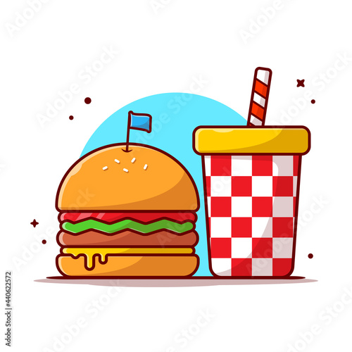 Burger And Soda Cartoon Vector Icon Illustration. Food And Drink Icon Concept Isolated Premium Vector. Flat Cartoon Style