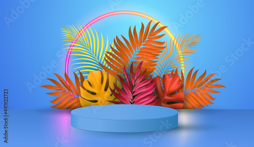 Abstract cylinder pedestal podium, blue empty room with Autumn palm leaf, Shine neon ring backdrop. Vector 3d shape, Product display presentation. Pastel room minimal scene.