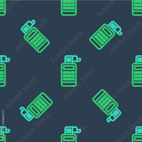 Line Cash register machine with a check icon isolated seamless pattern on blue background. Cashier sign. Cashbox symbol. Vector © Kostiantyn
